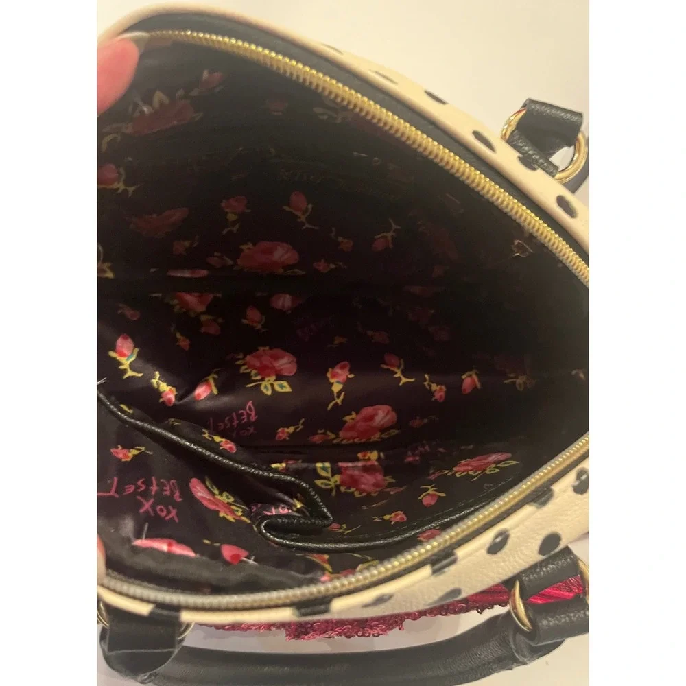 Betsy Johnson Purse Bag Handbag Black White Polka Dot Pink Sequin Bow With Strap